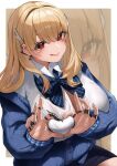  1girl absurdres blonde_hair blue_bow blue_bowtie blue_jacket blush bow bowtie breasts button_gap claw_ring cleavage closed_mouth collared_shirt goddess_of_victory:_nikke hair_intakes hair_ornament hands_on_own_chest heart heart-shaped_boob_challenge heart_hands highres huge_breasts jacket jewelry lips long_hair looking_at_viewer multiple_rings o_o_k_i_n_a off_shoulder puffy_sleeves red_eyes ring shirt sitting sleeves_past_wrists smile solo tia_(nikke) tongue tongue_out white_background white_shirt zoom_layer 