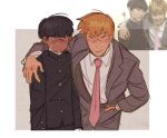  2boys arm_around_shoulder black_hair black_jacket blonde_hair blunt_bangs closed_mouth collared_shirt commentary english_commentary formal gakuran grey_suit hand_on_own_hip highres jacket kageyama_shigeo long_sleeves looking_at_another male_focus mob_psycho_100 mp100days multiple_boys necktie photo_inset pink_necktie reference_inset reigen_arataka school_uniform shirt short_hair simple_background standing suit white_shirt 