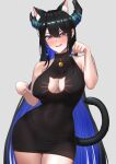 1girl animal_ears asymmetrical_horns black_dress black_hair blue_hair breasts cat_cutout cat_ears cat_girl cat_tail cipher4109 cleavage_cutout clothing_cutout colored_inner_hair demon_girl demon_horns dress hair_ornament highres hololive hololive_english horns kemonomimi_mode large_breasts long_hair looking_at_viewer mole mole_under_eye multicolored_hair nerissa_ravencroft paw_pose smile solo tail two-tone_hair uneven_horns virtual_youtuber 