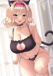  1girl alice_margatroid animal_ear_fluff animal_ears ass_visible_through_thighs bell blonde_hair blue_eyes blush breasts cameltoe cat_ears cat_girl cat_lingerie cat_tail cleavage clothing_cutout commentary_request fang frills hairband highres huge_breasts jingle_bell looking_at_viewer meme_attire panties paw_pose reijing_etrn short_hair side-tie_panties solo tail tail_raised thighs touhou underwear 