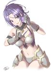  1girl :d absurdres armor bare_shoulders bikini bikini_armor blue_eyes braid breasts commentary_request faulds feathermage gauntlets grey_bikini highres hip_armor jun_(princess_connect!) jun_(summer)_(princess_connect!) looking_at_viewer medium_breasts midriff navel official_alternate_costume parted_bangs princess_connect! purple_hair short_hair smile solo swimsuit 