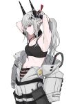  1girl absurdres adesu_(gekkahyouzin) arknights armpits arms_behind_head arms_up bare_arms bare_shoulders black_collar breasts cleavage collar commentary_request ear_piercing grey_hair groin hair_between_eyes highres horns jumpsuit jumpsuit_around_waist long_hair medium_breasts mudrock_(arknights) piercing pointy_ears red_eyes simple_background solo very_long_hair white_background white_jumpsuit 