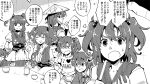  1girl :d ajirogasa alternate_costume clothes_writing coin commentary_request cup greyscale hair_bobbles hair_ornament hat holding holding_scythe kitsune_maru looking_at_viewer monochrome multiple_views necktie obi onozuka_komachi open_mouth sash scythe shirt short_hair smile speech_bubble sweatdrop touhou translation_request two_side_up 
