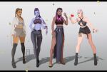  4girls alternate_costume apex_legends barefoot_sandals belt black_belt black_footwear black_hair black_skirt black_thighhighs blue_belt blue_eyeshadow blue_skin blue_skirt boots braid breasts cleavage cleavage_cutout clothing_cutout colored_skin criss-cross_halter cropped_shirt crossover cup dark-skinned_female dark_skin drinking_glass earrings english_commentary evelynn_(league_of_legends) eyeshadow gradient_hair grey_background grey_hair grey_sweater hair_behind_ear halter_shirt halterneck high_heel_boots high_heels highres hoop_earrings ifragmentix jewelry league_of_legends loba_(apex_legends) long_hair looking_at_viewer makeup medium_breasts multicolored_hair multiple_crossover multiple_girls navel overwatch purple_eyes purple_hair red_eyeshadow red_hair reyna_(valorant) shadow skirt smile standing sweater thigh_strap thighhighs twin_braids valorant very_long_hair widowmaker_(overwatch) wine_glass yellow_eyes 