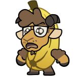  1:1 anthro banana_costume bovid brown_body brown_fur caprine chibi curved_horn eyewear facial_hair fur glasses goatee horn male mammal moche_(mocheccino) mocheccino open_mouth sheep simple_background solo teary_eyes white_background wool_(fur) wool_hair 