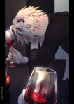  1boy 1other alchemy_stars alcohol black_shirt closed_mouth cup drinking_glass grey_eyes hair_between_eyes headband highres holding holding_cup looking_at_viewer male_focus navigator_(alchemy_stars) pillarboxed shirt solo_focus sonomi twitter_username white_hair wine wine_glass 