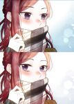  1girl blurry blush bokeh braid contemporary covered_mouth depth_of_field eyelashes french_braid hand_up higeki_no_genkyou_tonaru_saikyou_gedou_last_boss_joou_wa_tami_no_tame_ni_tsukushimasu highres long_hair long_sleeves looking_at_viewer looking_away multiple_views nose_blush portrait pryde_royale_ivy purple_eyes red_hair scarf scarf_over_mouth sr602 