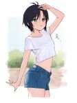  1girl :&lt; antenna_hair arm_behind_back arm_up black_hair blue_shorts breasts brick_wall collarbone commentary cowboy_shot crop_top crop_top_overhang cropped_legs denim denim_shorts foliage from_side grey_eyes hair_between_eyes idolmaster idolmaster_(classic) kikuchi_makoto looking_afar looking_ahead midriff navel outdoors outside_border parted_lips ryuuboku_(stapler2355) shading_eyes shirt short_hair short_shorts short_sleeves shorts sky small_breasts solo spread_fingers standing sweat t-shirt translated vignetting white_shirt 