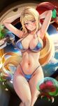  1girl armpits arms_behind_head arms_up bikini blonde_hair blue_eyes blush breasts cleavage collarbone foxyreine gun headwear_removed helmet helmet_removed highres large_breasts long_hair looking_at_viewer metroid metroid_(creature) mole mole_under_mouth navel ponytail revision samus_aran smile solo space stomach swimsuit thighs weapon 