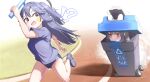  !? 2girls black_gloves black_hair black_shirt blue_archive blue_eyes blue_hair buruma drifting gloves halo highres in_trash_can long_hair miyu_(blue_archive) multiple_girls official_alternate_costume ponytail red_eyes relay_baton running shirt signature trash_can wheel yo_na yuuka_(blue_archive) yuuka_(track)_(blue_archive) 