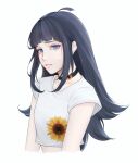  1girl black_choker blue_eyes blunt_bangs boruto:_two_blue_vortex choker commentary facial_mark floral_print flower_choker highres long_hair looking_at_viewer naruto_(series) sad shirt short_sleeves simple_background solo sunmoony upper_body uzumaki_himawari whisker_markings white_background white_shirt 