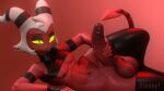  anthro bloney clothing crop_top demon genitals helluva_boss hi_res horn humanoid_genitalia humanoid_penis imp latex legwear male moxxie_(helluva_boss) moxxie_(valorlynz) penis red_body rubber shirt thigh_highs topwear yellow_eyes 