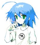  aphex_twin auksechan blue_hair cigarette green_eyes highres holding holding_cigarette izumi_konata lucky_star mole mole_under_eye open_mouth shirt t-shirt upper_body white_background white_shirt 