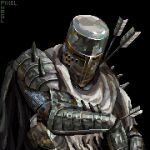  1other ambiguous_gender arrow_(projectile) black_background cape dark_souls_(series) dark_souls_ii facing_down gauntlets helm helmet pixel_hagl shoulder_plates shoulder_spikes simple_background spikes upper_body 