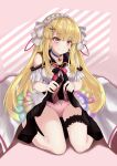  1girl bare_shoulders bell black_skirt blonde_hair blush bow bow_panties breasts character_request clothes_lift hair_ornament highres medium_breasts neck_bell original panties pink_panties ripnte sitting skirt skirt_lift solo underwear x_hair_ornament yellow_eyes 