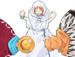 1girl 2boys anger_vein bad_id bad_twitter_id buttons clenched_hands clenched_teeth closed_eyes coat commentary_request hat head_bump joman korean_commentary log_pose monkey_d._luffy multiple_boys nami_(one_piece) one_piece orange_hair red_coat roronoa_zoro simple_background single_sidelock straw_hat teeth veil white_background 