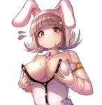  1girl animal_ears armlet black_leotard blunt_bangs border breasts brown_hair cleavage closed_mouth danganronpa_(series) danganronpa_2:_goodbye_despair flying_sweatdrops galaga hair_ornament hands_on_own_breasts highres large_breasts leotard medium_hair mole mole_on_breast nanami_chiaki nipples official_alternate_costume onimiere pink_eyes playboy_bunny rabbit_ears simple_background smile solo two-tone_leotard upper_body white_background white_leotard 