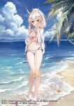  1girl alternate_costume ayanami_(azur_lane) azur_lane beach bikini breasts cleavage cloud cloudy_sky day full_body highres holding_own_hair looking_at_viewer multi-strapped_bikini_bottom off-shoulder_shirt off_shoulder official_art open_clothes open_shirt pink_hair ponytail shirt sky swimsuit yuko_(uc_yuk) 