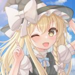  1girl ;o black_headwear blonde_hair blue_sky bow braid cloud commentary fang hand_on_headwear hat hat_bow highres index_finger_raised kirisame_marisa looking_at_viewer myonta_(myon_myonta) one_eye_closed open_mouth outdoors side_braid single_braid sky solo touhou upper_body white_bow witch_hat yellow_bow yellow_eyes 
