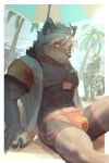  2023 2:3 abs anthro areola beach birry41 bodily_fluids brown_body brown_fur canid canine canis clothing domestic_dog fur hair hi_res lifewonders looking_away male mammal muscular muscular_anthro muscular_male palm_tree plant sea seaside sitting solo sweat swimwear tadatomo tokyo_afterschool_summoners tree water white_hair 