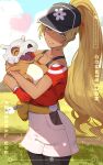  alternate_costume blonde_hair commission cubone dark-skinned_female dark_skin fire_emblem fire_emblem:_the_binding_blade gloves hat highres holding holding_pokemon hsin igrene_(fire_emblem) long_hair mole mole_under_eye pixiv_commission pokemon pokemon_(creature) ponytail single_glove smile yellow_eyes 