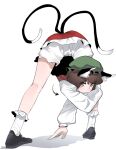 1girl animal_ear_fluff animal_ears arm_support arrow_(symbol) bloomers bobby_socks brown_eyes brown_hair cat_ears cat_tail chen closed_mouth commentary_request contortion flexible frogsnake from_behind full_body hat light_blush light_smile long_sleeves looking_at_viewer mob_cap multiple_tails nekomata petticoat puffy_long_sleeves puffy_sleeves red_skirt red_vest shadow short_hair skirt socks solo tail touhou twisted_torso two_tails underwear upskirt vest 