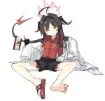  1girl ahoge black_hair black_horns black_shorts black_tail blue_archive blush closed_mouth coat collared_shirt demon_horns full_body hair_intakes halo horns kasumi_(blue_archive) lab_coat long_hair looking_at_viewer osakanadream red_halo red_shirt shirt shirt_tucked_in shorts simple_background sleeves_past_fingers sleeves_past_wrists smile solo walkie-talkie white_background white_coat yellow_eyes 