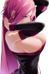 1girl breasts cleavage detached_sleeves dress english_commentary fate/stay_night fate_(series) large_breasts long_hair medusa_(fate) medusa_(rider)_(fate) purple_eyes purple_hair simple_background solo strapless strapless_dress tamamoice upper_body very_long_hair white_background 
