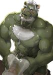  2022 abs anthro beard biceps blush bodily_fluids bottomwear bottomwear_down chest_tuft claws clothed clothing curtis_wuedti deltoids facial_hair felid finger_claws fur furniture genitals green_body green_fur hair hi_res humanoid_genitalia humanoid_penis male mammal muscular muscular_anthro muscular_male navel nipples obliques one_eye_closed pantherine pants pants_down partially_clothed pecs penetrable_sex_toy penis pubes red_eyes sex_toy solo sweat table transparent_sex_toy tuft vein veiny_muscles veiny_penis wediz_(sollyz) whiskers white_hair 