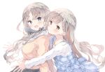  2girls asymmetrical_bangs blush braid braided_bangs breasts cosplay costume_switch doyagao dress grey_hair hair_ribbon highres hisakawa_hayate hisakawa_hayate_(cosplay) hisakawa_nagi hisakawa_nagi_(cosplay) idolmaster idolmaster_cinderella_girls long_hair looking_at_viewer medium_breasts multiple_girls plaid plaid_dress ribbon siblings simple_background sisters smile smug straight_hair twins twintails ukiwakisen very_long_hair white_background 