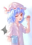  1girl absurdres ayo_rimaisu bat_wings blue_hair brushing_teeth cup fangs hat hat_ribbon highres holding holding_cup holding_toothbrush looking_at_viewer nail_polish one_eye_closed open_mouth partially_unbuttoned red_eyes red_nails red_ribbon remilia_scarlet ribbon shirt short_hair solo toothbrush touhou white_background white_headwear white_shirt wings 