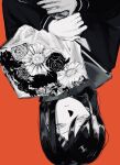  1girl bouquet enpera greyscale_with_colored_background highres holding holding_bouquet jewelry kagerou_project long_sleeves looking_to_the_side necklace parted_lips red_background sailor_collar scarf solo tateyama_ayano upside-down yano_(koto) 