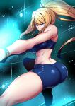  1girl ass bare_shoulders blonde_hair blue_background blue_eyes breasts commentary_request cowboy_shot dynamic_pose fighting_stance gradient_background high_ponytail highres medium_breasts metroid metroid_fusion midriff navel samus_aran short_shorts shorts sidelocks skin_tight solo sports_bra thighs tukiwani wristband 