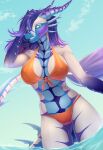  2023 bikini breasts clothing day detailed_background digital_media_(artwork) dragon hair hi_res non-mammal_breasts outside purple_hair sky smile sunnyowi swimwear vegas_(stingtigerwolf) wingless_dragon 