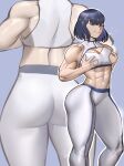  1girl abs ass back black_hair blue_hair bob_cut highres huge_ass kill_la_kill kiryuuin_satsuki midriff muscular muscular_female navel pants short_hair simple_background solo tank_top thick_thighs thighs yoga_pants zukululuu 