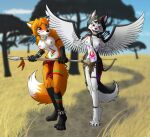  2021 aisty_(mancoin) amber_(mancoin) anthro arrow_(weapon) black_hair black_nose blue_eyes bottomwear bow_(weapon) breasts canid canine canis clothed clothing digitigrade dipstick_tail domestic_dog duo feathered_wings feathers feet female fox foxyverse fur gloves_(marking) hair heterochromia husky leg_markings loincloth lord-kiyo mammal markings melee_weapon navel nipple_piercing nipples nordic_sled_dog open_mouth orange_body orange_fur orange_hair outside piercing polearm ranged_weapon red_eyes socks_(marking) spear spitz spread_wings tail tail_markings topless tribal weapon wings 