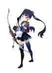  1girl :o armor arrow_(projectile) backpack bag black_choker black_footwear black_hair blue_eyes boots bow_(weapon) bright_pupils choker dress earrings full_body gloves harada_takehito highres holding holding_arrow holding_bow_(weapon) holding_weapon jewelry long_hair long_sleeves official_art pauldrons photoshop_(medium) shikabane-gurai_no_bouken_meshi short_dress shoulder_armor solo standing stud_earrings thigh_boots transparent_background twintails very_long_hair weapon 