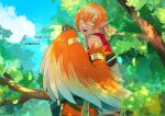  1girl armlet bare_shoulders bird_legs bracelet feathers gradient_wings harpy highres jewelry monster_girl multicolored_wings open_mouth orange_feathers orange_hair orange_wings original outdoors pointy_ears sitting_on_branch tbsk_art teeth tree upper_teeth_only wings yellow_eyes 