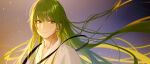  1other androgynous chain enkidu_(fate) fate/strange_fake fate_(series) glowing glowing_clothes glowing_eyes green_hair hair_between_eyes highres long_hair looking_at_viewer male_focus robe rrr_(reason) shirt smile solo upper_body very_long_hair white_robe white_shirt yellow_eyes 