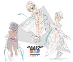  1girl aa-12_(girls&#039;_frontline) ahoge belt breasts bright_pupils character_name cleavage closed_mouth english_text girls&#039;_frontline grey_hair highres holding_sewing_needle long_sleeves multiple_views one-piece_swimsuit red_belt see-through_coat shoes short_hair silverwing sneakers swimsuit triangle white_background white_footwear white_headwear white_one-piece_swimsuit white_pupils 
