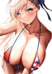  1girl absurdres american_flag_bikini bikini blue_eyes breasts cleavage fate/grand_order fate_(series) flag_print highres large_breasts lee-taro light looking_at_viewer miyamoto_musashi_(fate) miyamoto_musashi_(swimsuit_berserker)_(fate) miyamoto_musashi_(swimsuit_berserker)_(second_ascension)_(fate) shadow solo swimsuit white_background 