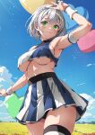  1girl absurdres arm_up armband armpits balloon blue_skirt blue_sky braid breasts cheerleader commentary_request crop_top green_eyes grey_hair heart_balloon highres hololive isakoro_(hx9cj) large_breasts looking_at_viewer midriff navel outdoors pleated_skirt shirogane_noel short_hair single_braid skirt sky solo thighhighs two-tone_skirt underboob v virtual_youtuber white_skirt 