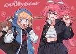  1boy 1girl alternate_costume aqua_eyes baiken big_hair black_gloves black_jacket black_skirt blonde_hair bridget_(guilty_gear) chest_sarashi delinquent eyepatch facial_tattoo fingerless_gloves gloves guilty_gear guilty_gear_strive hood hood_up hooded_jacket hoodie jacket long_sleeves looking_at_viewer medium_hair open_clothes open_hoodie open_mouth otoko_no_ko oushiza_towel pleated_skirt puffy_long_sleeves puffy_sleeves red_hair roger_(guilty_gear) sarashi scar scar_across_eye skirt stuffed_animal stuffed_toy sukeban sword tattoo teddy_bear weapon wooden_sword 