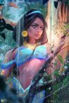  1girl aladdin_(disney) arabian_clothes artist_name black_hair brown_eyes dark-skinned_female dark_skin earrings jasmine_(disney) jewelry long_hair midriff nature navel plant ross_tran solo tree watermark 