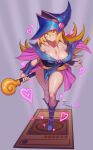  1girl absurdres bare_shoulders blonde_hair blue_footwear blush blush_stickers boots bracer breasts card_(medium) cleavage collarbone dark_magician_girl duel_monster green_eyes hair_between_eyes hat heart highres large_breasts long_hair simple_background solo ttt_(titatuem) wand witch_hat yu-gi-oh! 