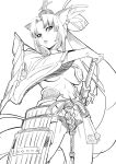  1girl animal_ear_fluff animal_ears armor bikini bikini_bottom_only breasts exocet fate/grand_order fate_(series) from_below greyscale head_tilt highres holding holding_sheath holding_sword holding_weapon japanese_armor japanese_clothes long_hair looking_at_viewer looking_down midriff monochrome navel open_mouth ponytail sheath sheathed shoulder_armor sode solo swimsuit sword underboob ushiwakamaru_(fate) very_long_hair weapon 