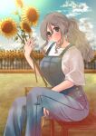  1girl absurdres alternate_hairstyle bench blue_sky brown_eyes cloud day feet_out_of_frame flower grey_hair hair_between_eyes highres kantai_collection mizunototori outdoors overalls pola_(kancolle) ponytail shirt sky solo sunflower thick_eyebrows wavy_hair white_shirt 
