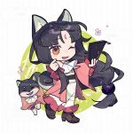  1girl ;d animal animal_ears arknights black_hair blush brown_eyes brown_footwear chengfeia clothed_animal commentary_request dog dog_ears dog_girl dog_tail facial_mark forehead_mark full_body highres holding japanese_clothes kimono long_hair long_sleeves looking_at_viewer obi one_eye_closed open_clothes parted_bangs round_image saga_(arknights) sash shoes sleeves_past_wrists smile solo tail very_long_hair walking white_kimono wide_sleeves 