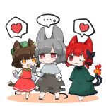  ... 3girls ;3 animal_ears braid cat_ears cat_tail chen chibi commentary_request dress earrings flame-tipped_tail heart highres jewelry kaenbyou_rin kurotaro mouse_ears mouse_tail multiple_girls multiple_tails nazrin nekomata one_eye_closed red_dress red_eyes red_hair short_hair simple_background single_earring spoken_ellipsis spoken_heart standing tail touhou twin_braids two_tails white_background 