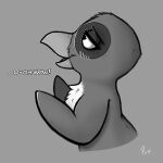  2023 avian beak bird blush blush_lines chest_tuft dialogue digital_drawing_(artwork) digital_media_(artwork) english_text eyebrows eyelashes feathers female grey_background greyscale half-closed_eyes monochrome narrowed_eyes open_beak open_mouth penguin powerinfinity profile_view shaded signature simple_background soft_shading solo text tuft 